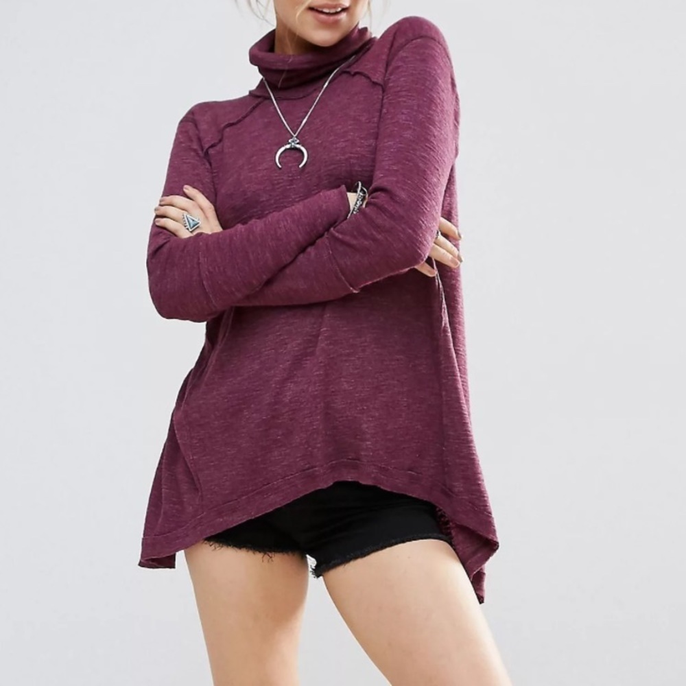 Free People | Purple Long Sleeve Split Back Turtleneck Tee Size XS